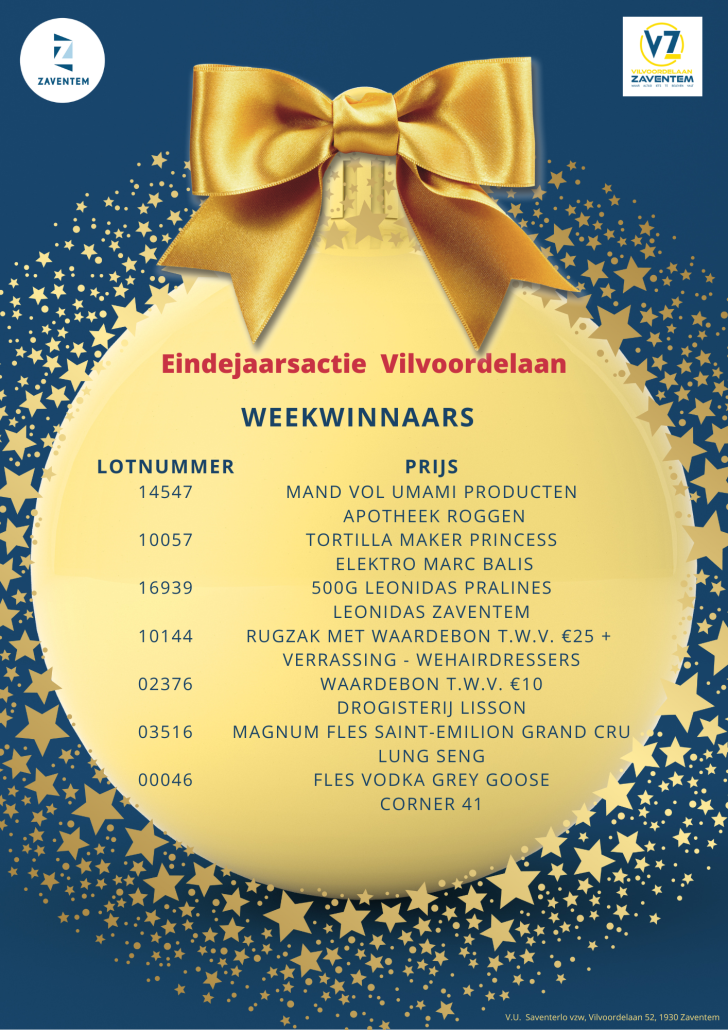 Winnaars Week 1 Eindejaarsactie Vilvoordelaan